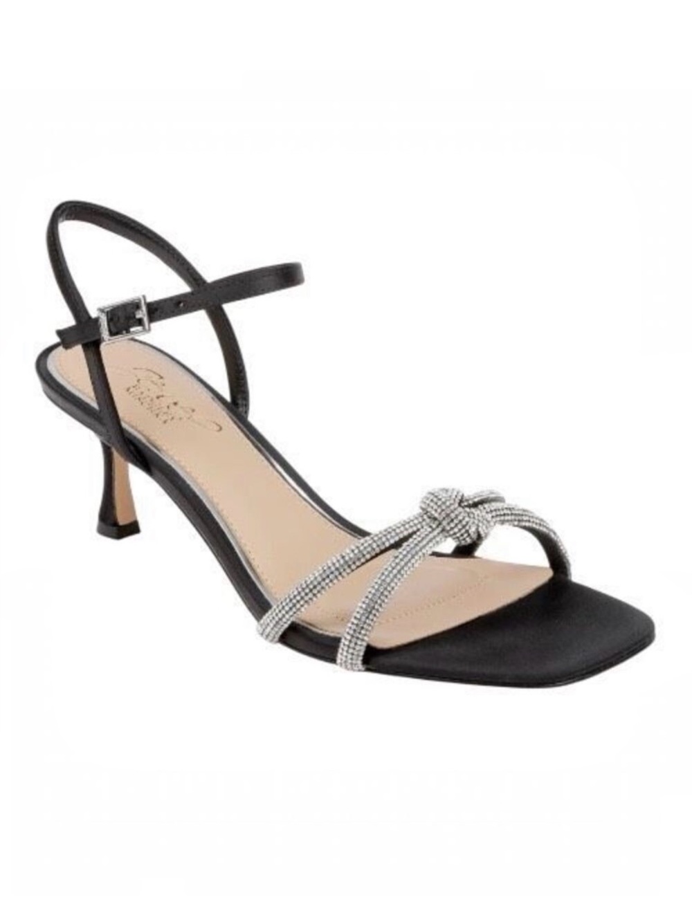 Jewel Badgley Mischka Maci‎ Black Satin Rhinestone Kitten Heel Sandal Size 8.5